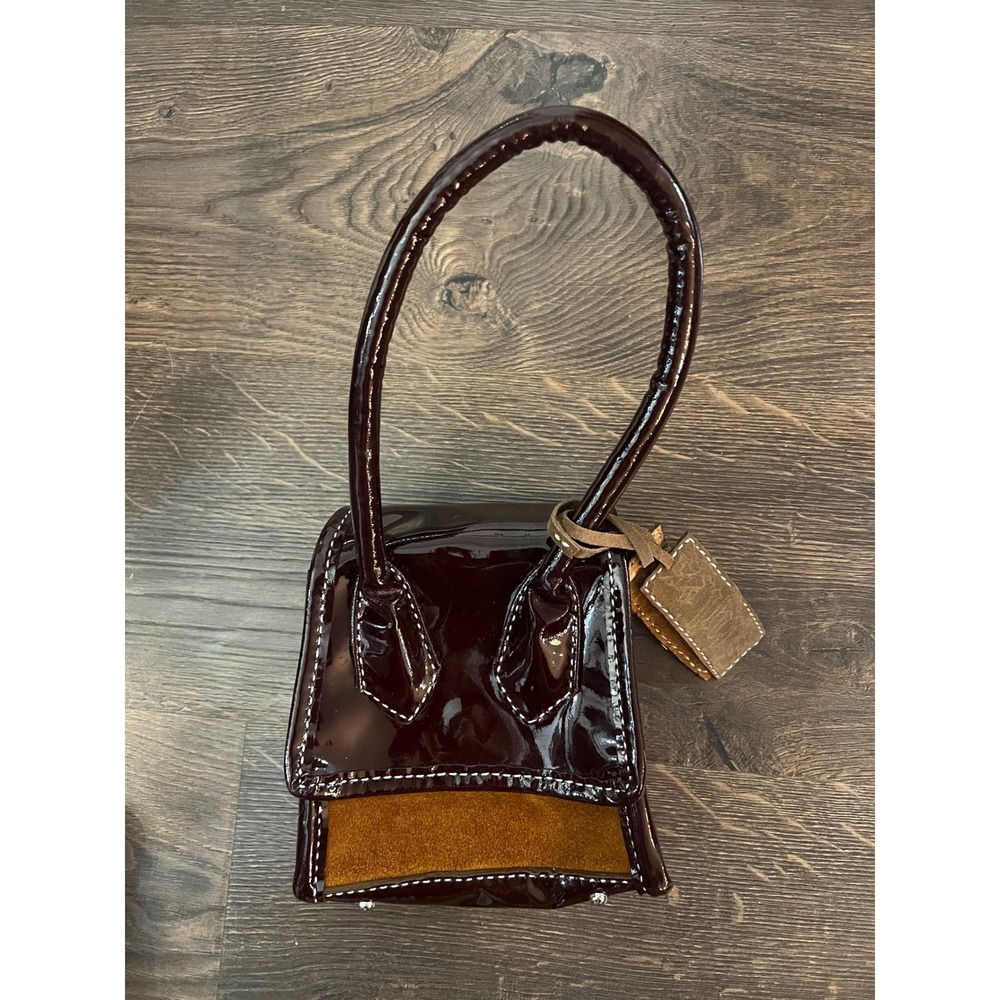 Handmade Burgundy Patent Ostrich Leather Mini Top Handle Bag‎ Suede Interior